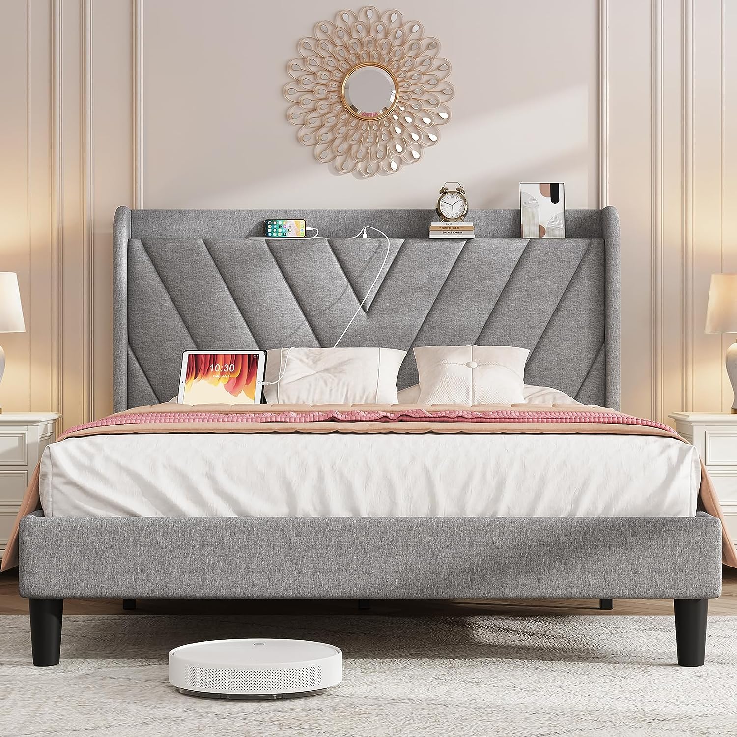 Koorlian Linen Adjustable Upholstered Platform Full Bed Frame